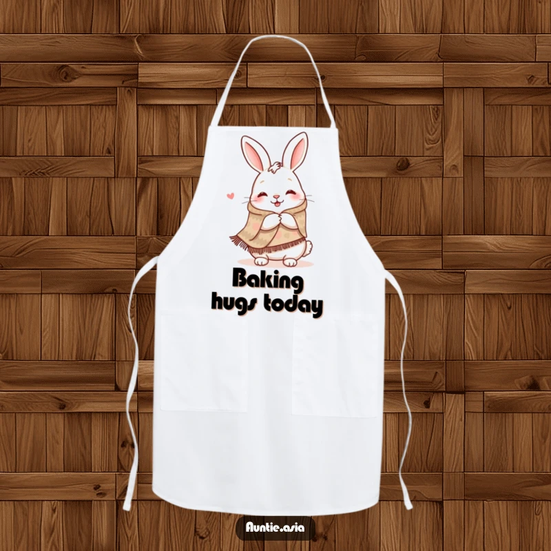 Funny rabbit wearing a patterned shawl, offering a warm hug, a humorous and functional apron.