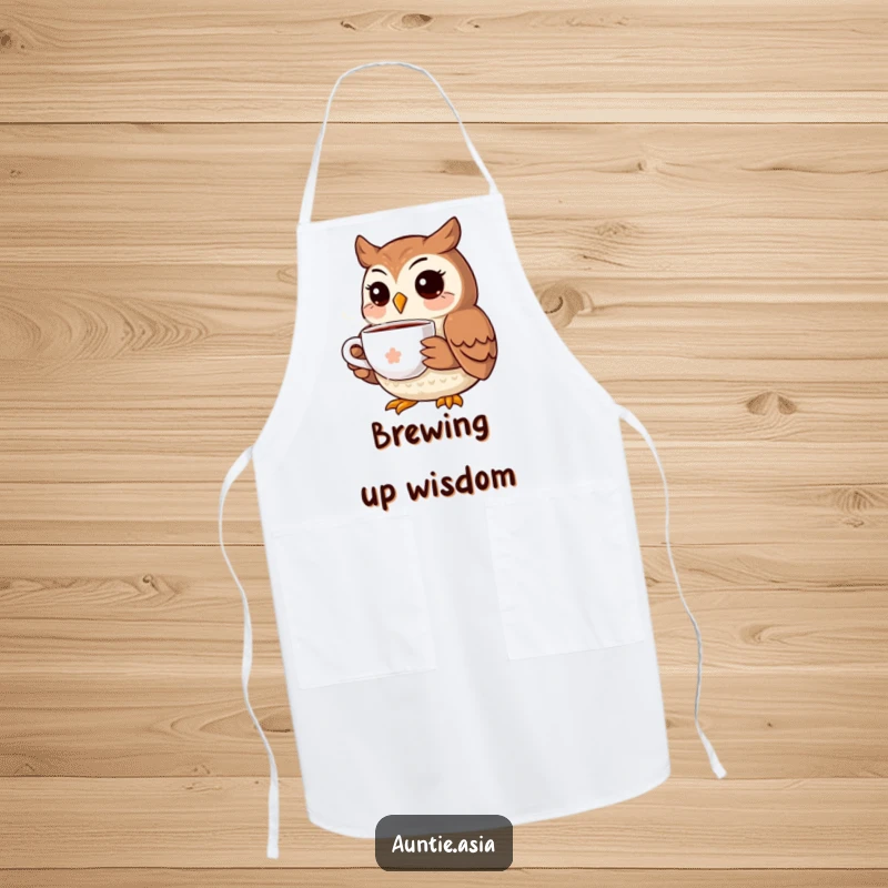 Funny owl apron with a smiling owl holding a tea cup, designed for kitchen fun and protection.