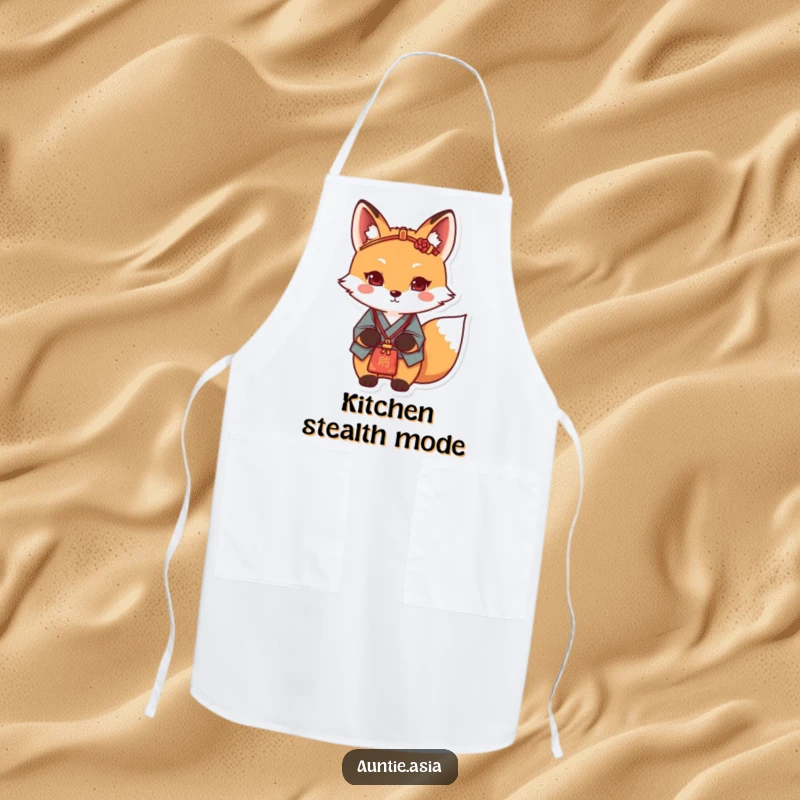 Funny fox apron with a determined fox, traditional hairpin, and embroidered bag, designed for focused kitchen work.