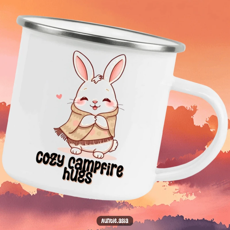 Funny happy rabbit in a patterned shawl, offering a warm hug, a humorous camping mug for adventurers.
