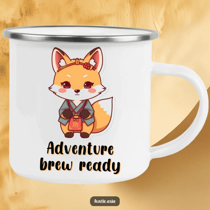 Funny fox camping mug with a determined fox, traditional hairpin, and bag, for adventurous souls.