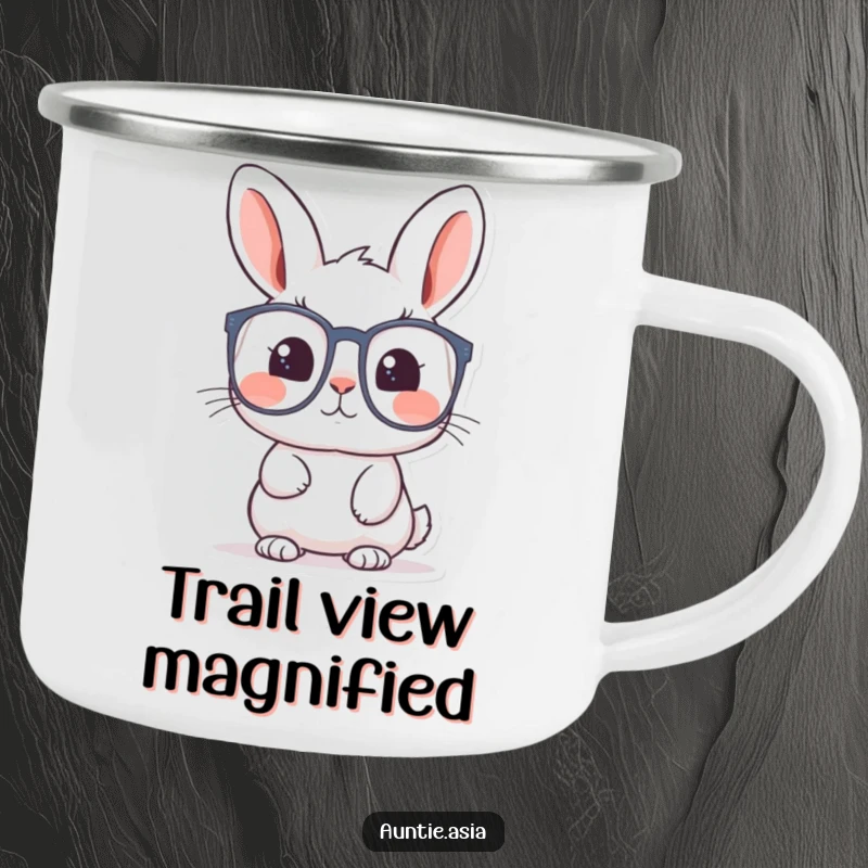 Funny rabbit camping mug with a curious rabbit looking through large glasses, designed for outdoor enthusiasts.
