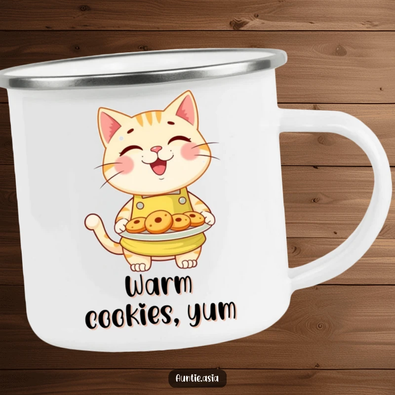 Funny cat baker in a bright apron, holding a plate of warm cookies, a humorous camping mug for outdoor enthusiasts.