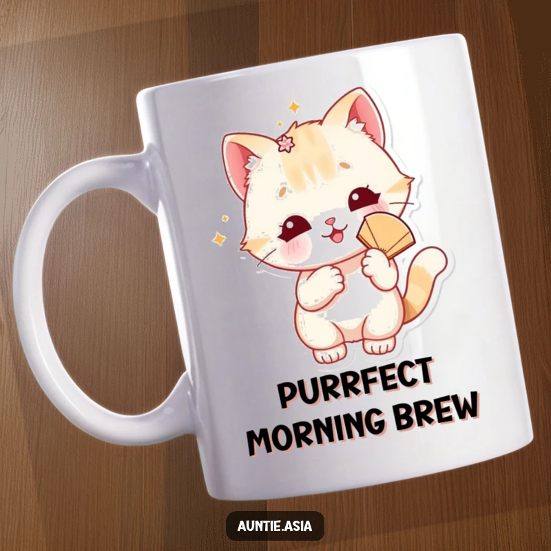 Funny cat mug featuring a playful cat with sparkly hair accessory and fan, exuding glamour and mischief.