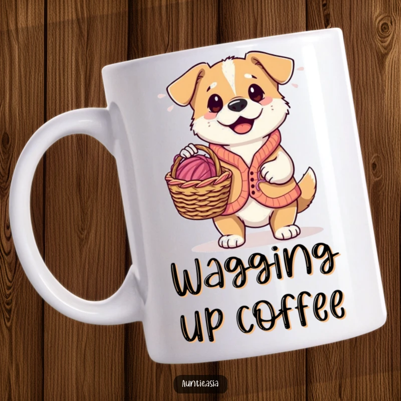 Funny playful dog wearing a small vest, holding a knitting basket overflowing with colorful yarn, a humorous mug.