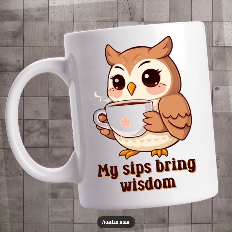 Funny owl mug with a happy face, clutching a steaming tea cup, bringing warmth and cheer to your morning.