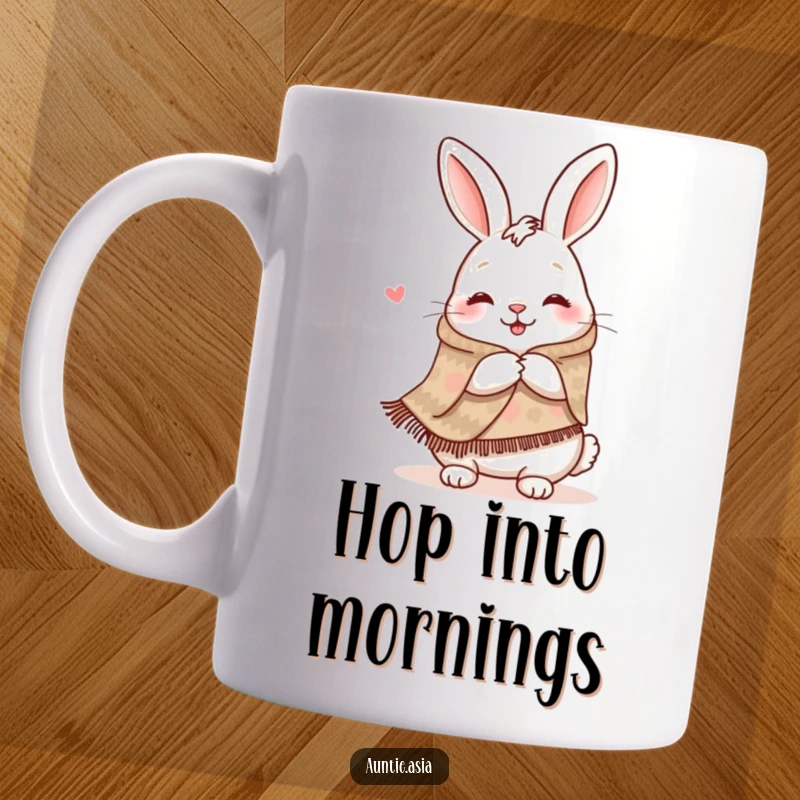 Funny happy rabbit wearing a patterned shawl, offering a warm and comforting hug, creating a whimsical mug.