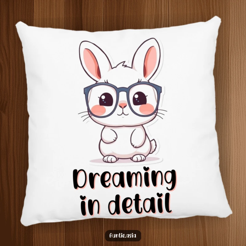 Funny rabbit pillow featuring a curious rabbit looking through large glasses, providing comfort and inspiring wonder.