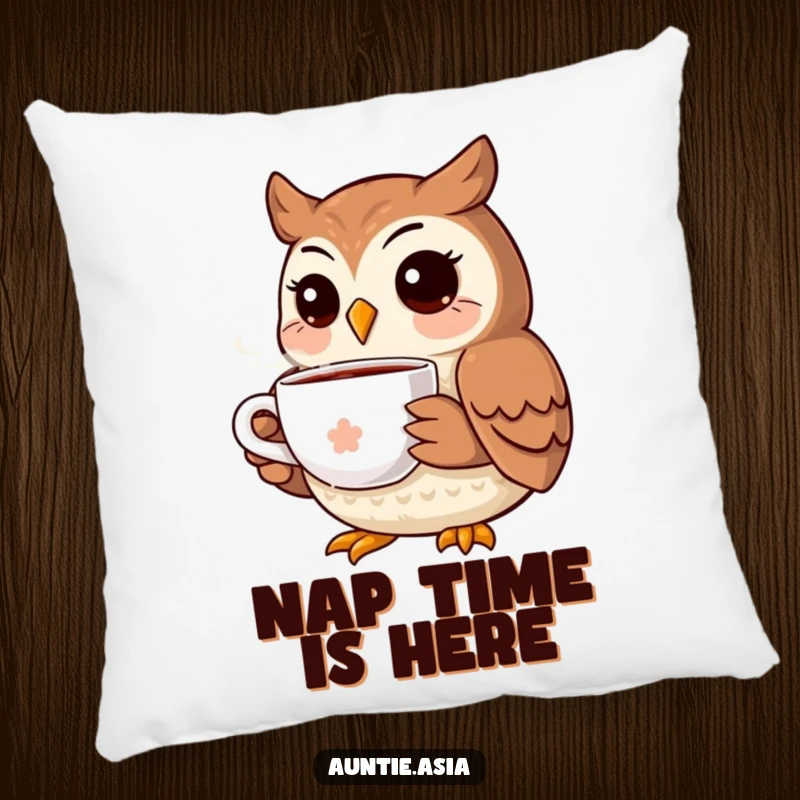 Funny owl pillow featuring a smiling owl clutching a warm tea mug, providing comfort and a humorous touch.