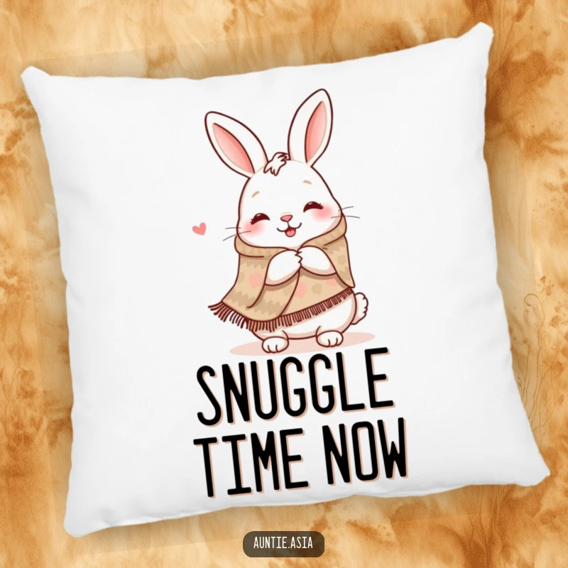 Funny happy rabbit in a patterned shawl, offering a warm hug, a soft and humorous decorative pillow.