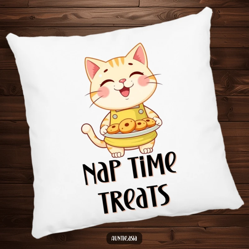 Funny cat in a bright apron, offering a plate of delicious cookies, a soft and humorous decorative pillow.