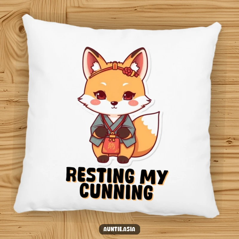 Funny fox pillow featuring a determined fox with a traditional hairpin, providing comfort and motivation.