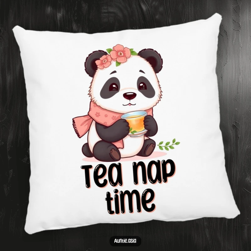 Funny curious panda in a floral scarf, tasting tea from a tiny cup, a soft and humorous decorative pillow.