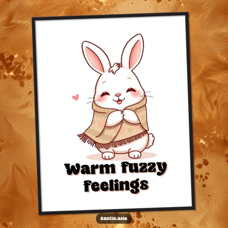 Funny happy rabbit wearing a patterned shawl, offering a warm hug, a humorous and heartwarming digital art.