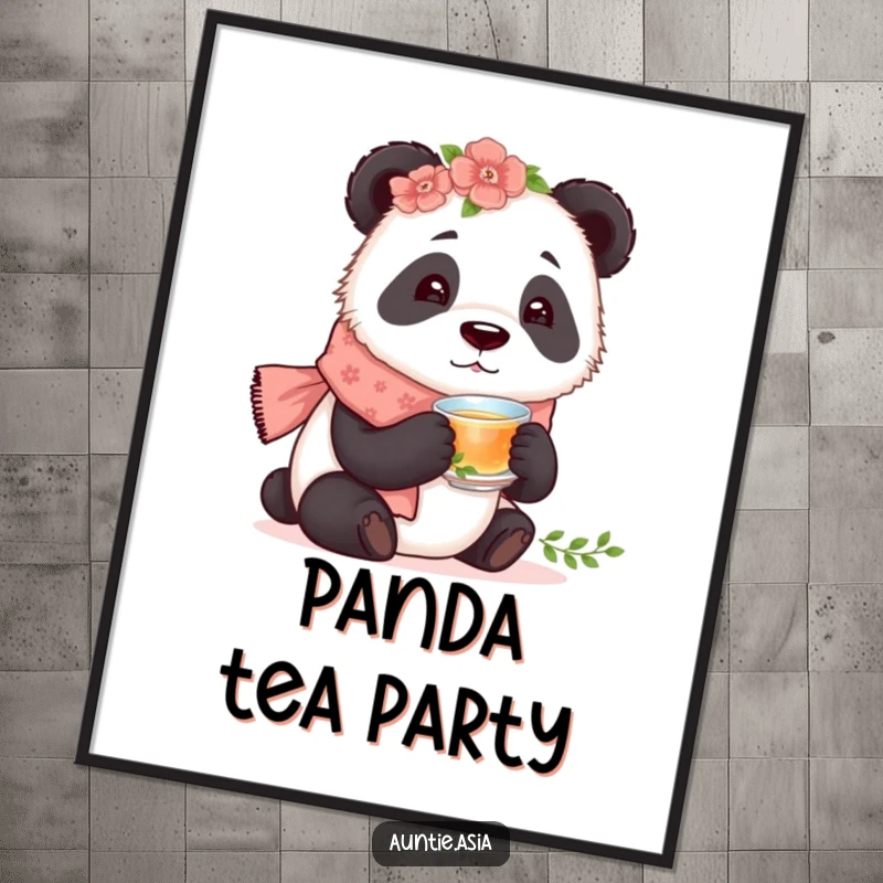 Funny curious panda wearing a floral scarf, tasting tea from a tiny cup, a humorous and serene digital art.