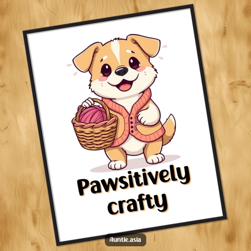 Funny playful dog wearing a small vest, holding a knitting basket with yarn, a humorous and creative digital art.