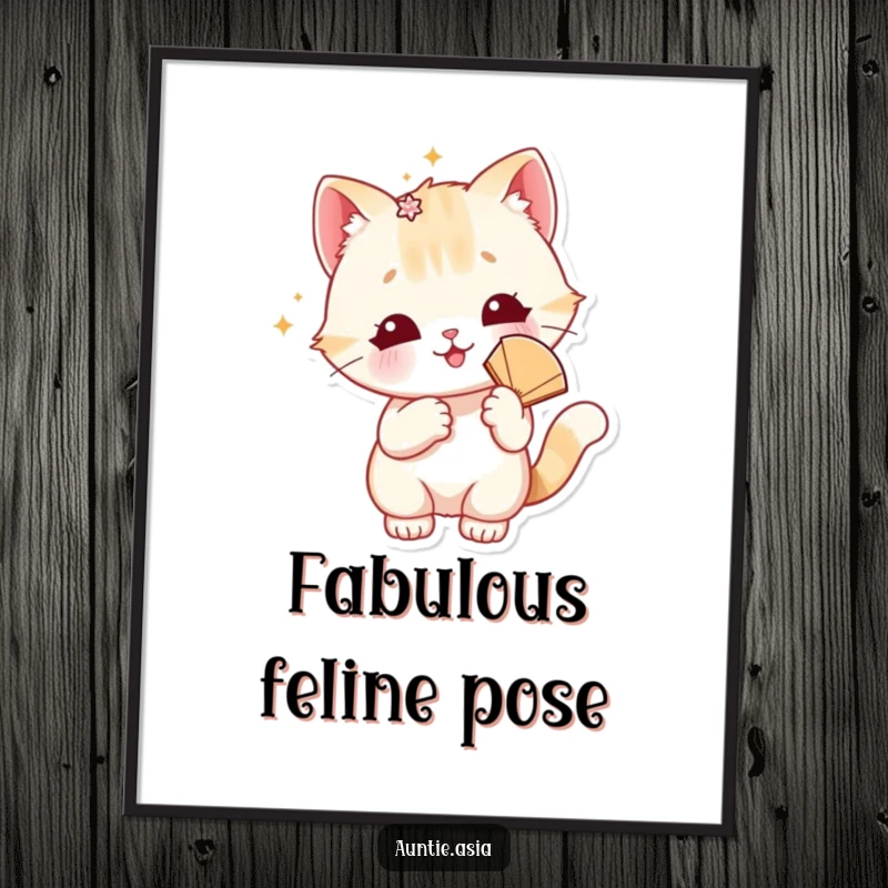 Funny cat digital art print of a playful cat with a sparkly hair accessory and fan, exuding glamour and sass.
