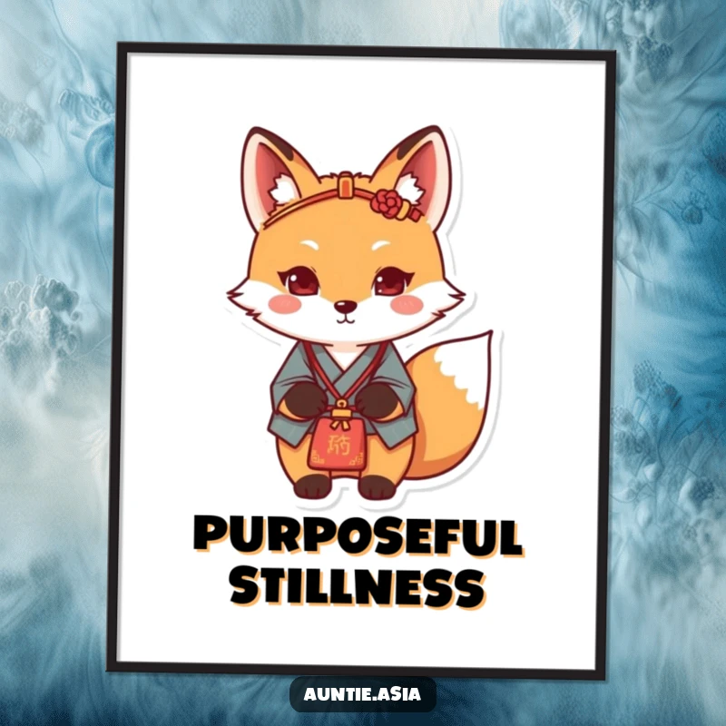 Funny fox digital art print of a determined fox wearing a traditional hairpin, symbolizing resolve and purpose.
