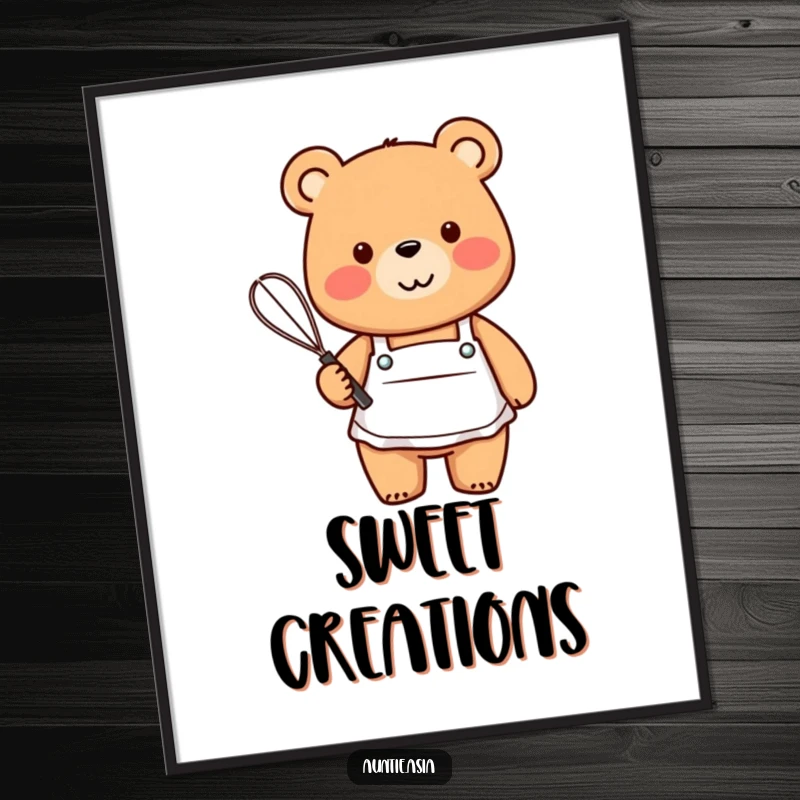 Funny friendly bear wearing a small apron, holding a whisk with a smile, a humorous and cheerful digital art.