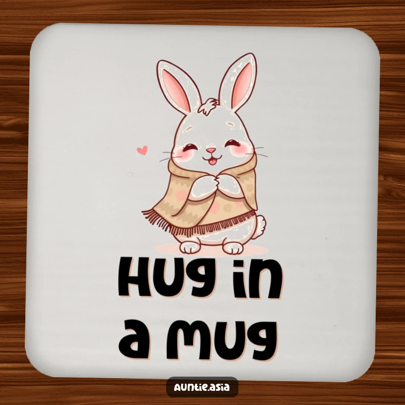 Funny happy rabbit wearing a patterned shawl, offering a warm hug, a humorous and functional drink coaster.