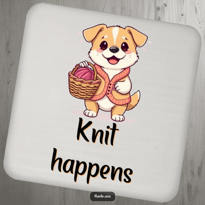 Funny playful dog in a vest, holding a knitting basket with yarn, a humorous and functional drink coaster.