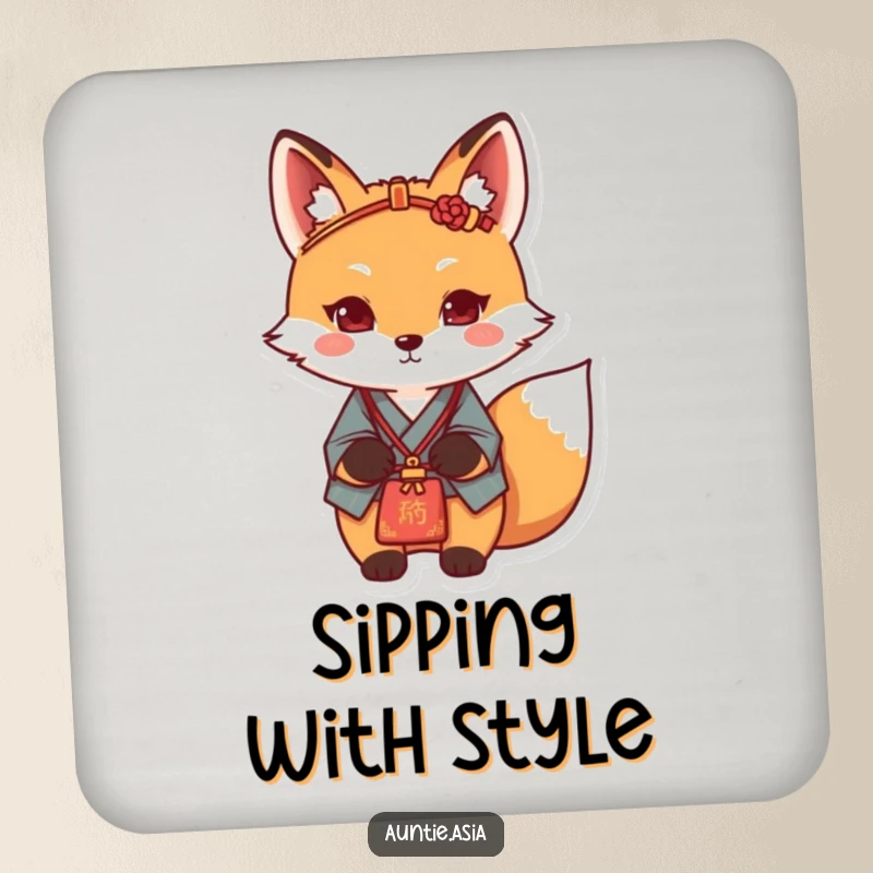 Funny fox coaster featuring a determined fox with a traditional hairpin, adding a touch of purpose to table settings.