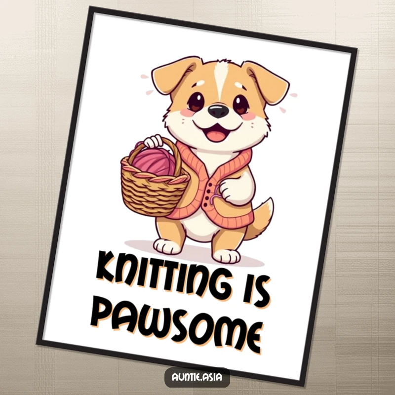 Funny playful dog wearing a small vest, holding a knitting basket filled with yarn, a humorous wall art.