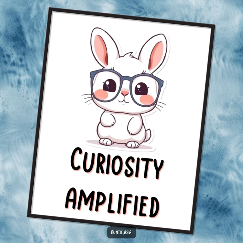 Funny rabbit poster depicting a curious rabbit peering through large spectacles, symbolizing exploration and amazement.