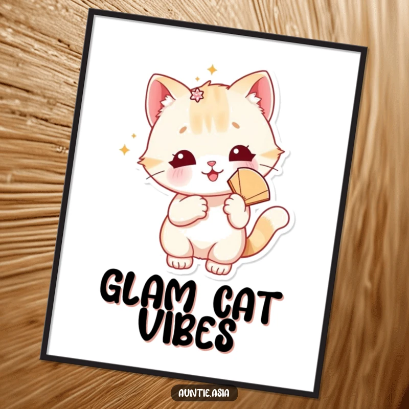 Funny cat poster of a playful cat wearing a sparkly hair accessory and holding a fan, exuding chic charm.
