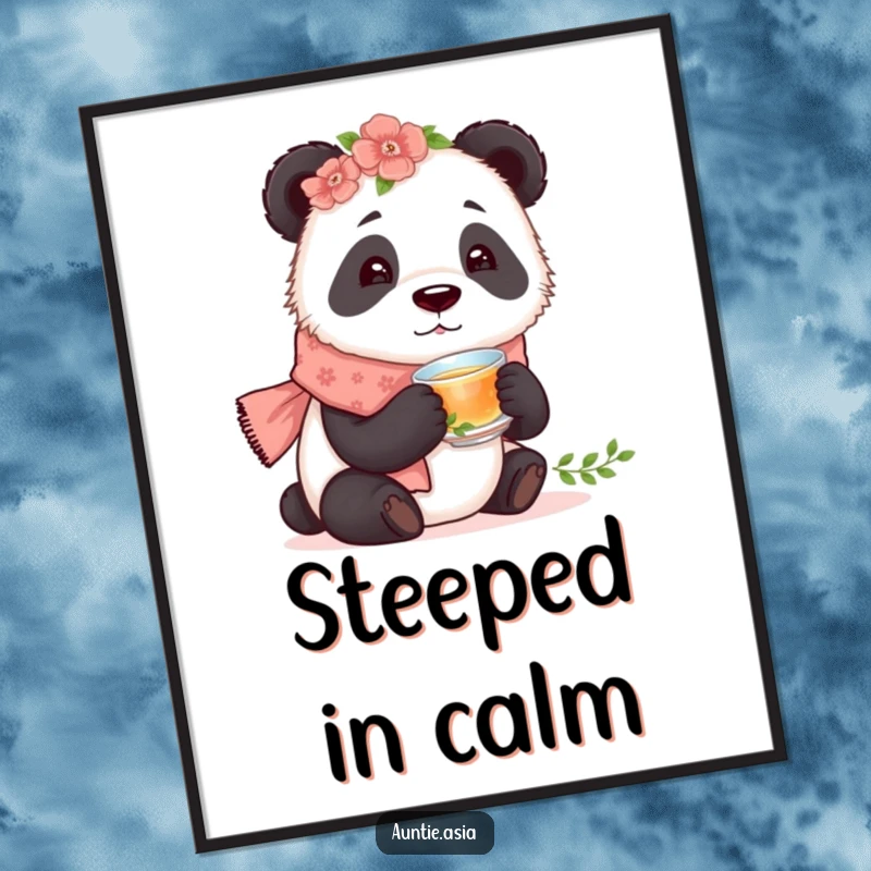 Funny curious panda wearing a floral scarf, holding a tiny teacup, a humorous and serene wall art.