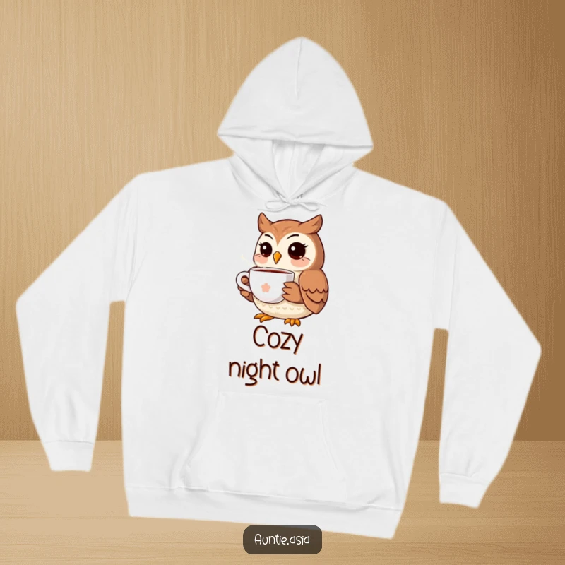 Funny owl hoodie showing a cheerful owl holding a hot cup of tea, perfect for fans of cozy and humorous apparel.