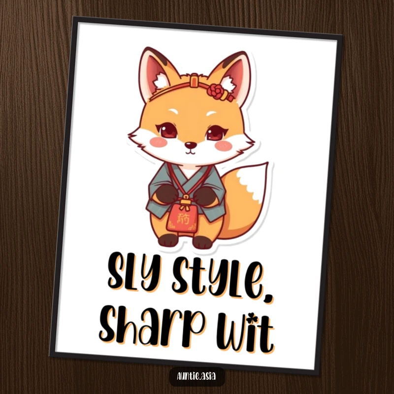 Funny Free Printable Wall Art: A determined fox in traditional attire with a hairpin and bag, offering a humorous and stylish decorative piece.