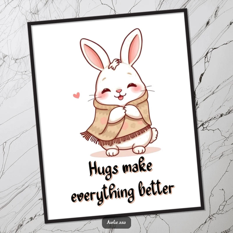 Funny Free Printable Wall Art: A happy rabbit in a patterned shawl is depicted offering a warm, inviting hug.