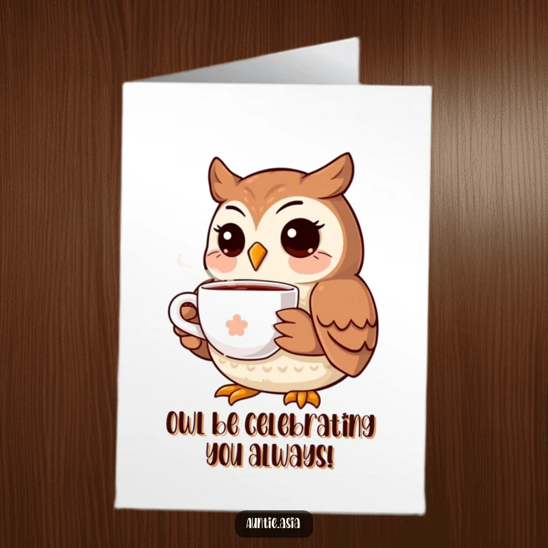 Funny Free Printable Birthday Card: A smiling owl sips tea, offering a warm and humorous greeting perfect for your celebration.
