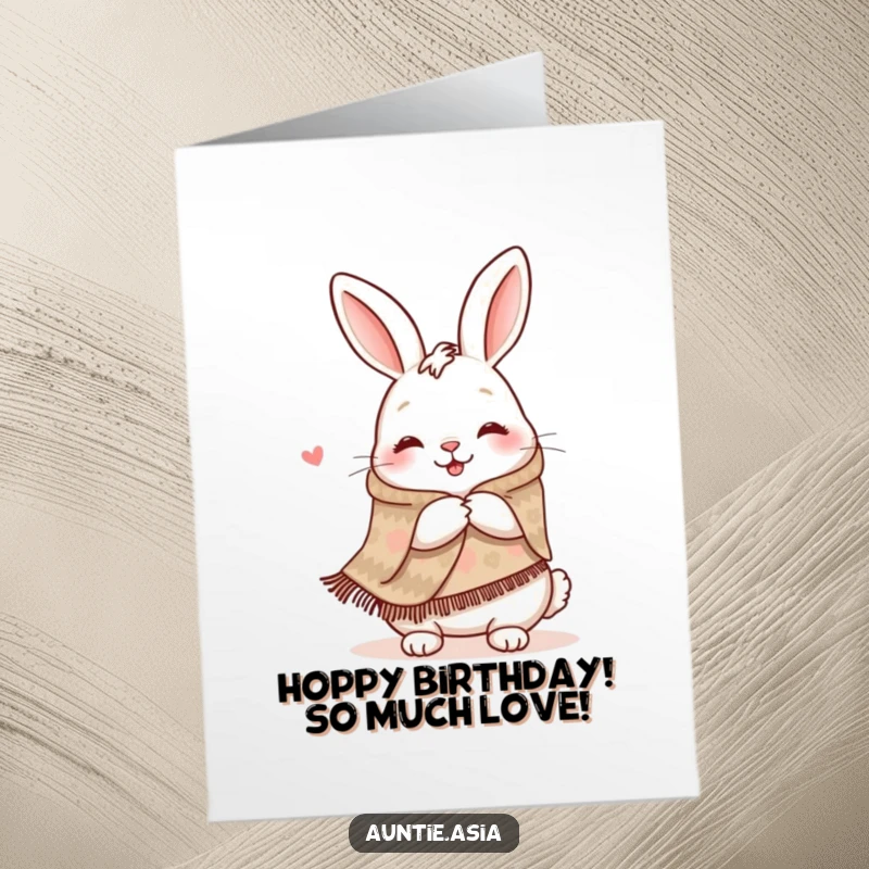 Funny Free Printable Birthday Card: Happy rabbit in a patterned shawl offers a comforting and warm hug.