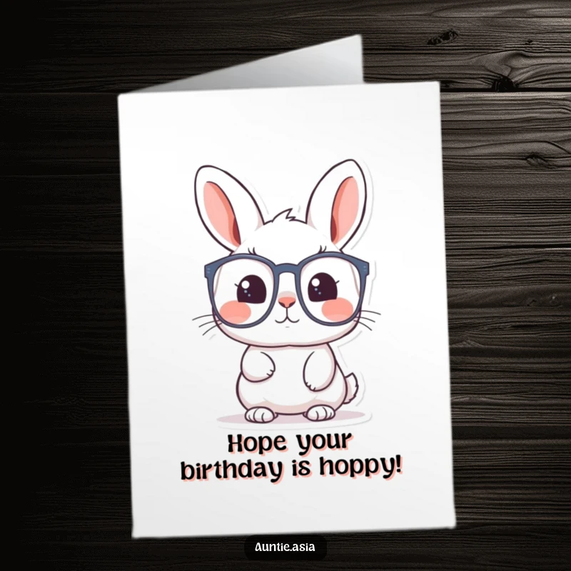 Funny Free Printable Birthday Card: A curious rabbit peers through large glasses, expressing wonder for a special birthday wish, a downloadable.