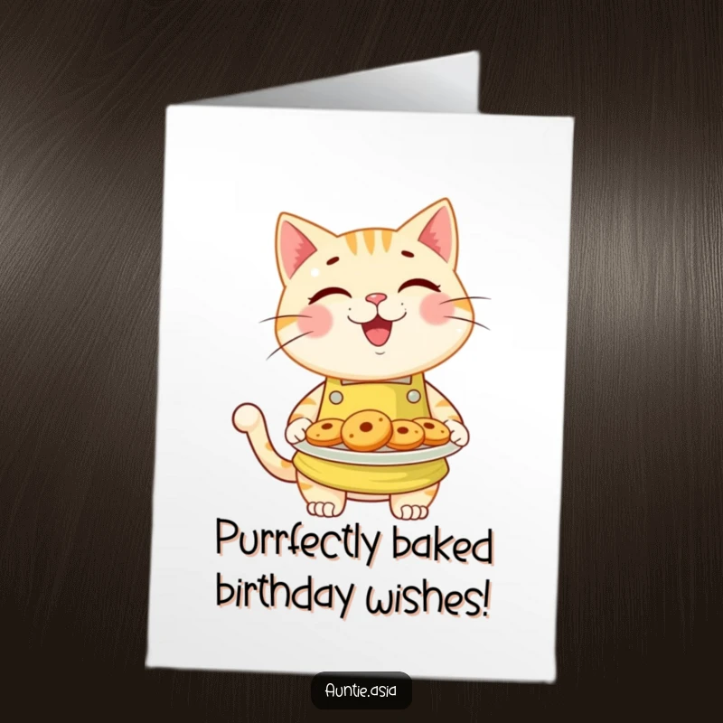 Funny Free Printable Birthday Card: Cheerful cat in apron offers delicious cookies for a joyous celebration.