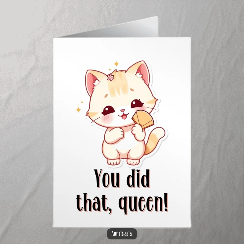 Funny Free Printable Congratulations Card: A playful cat flaunts a hair accessory and fan, conveying chic and humorous congratulations, a downloadable.