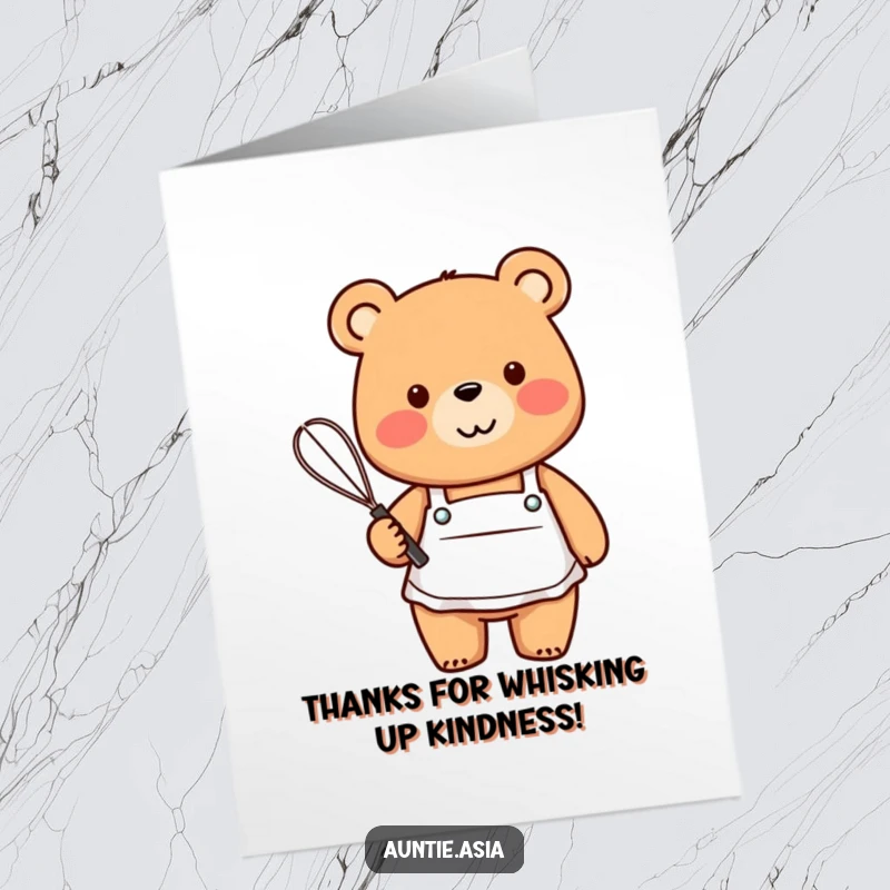 Funny Free Printable Thank You Card: Friendly bear with apron and whisk offers a warm smile of thanks.