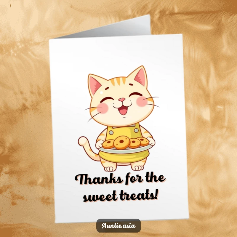 Funny Free Printable Thank You Card: Cheerful cat in apron generously offers a plate of cookies with thanks.