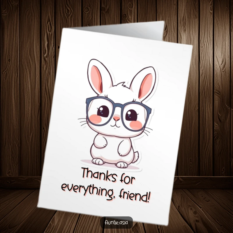 Funny Free Printable Thank You Card: A curious rabbit looks through large glasses, conveying a heartfelt and humorous thank you, a downloadable.