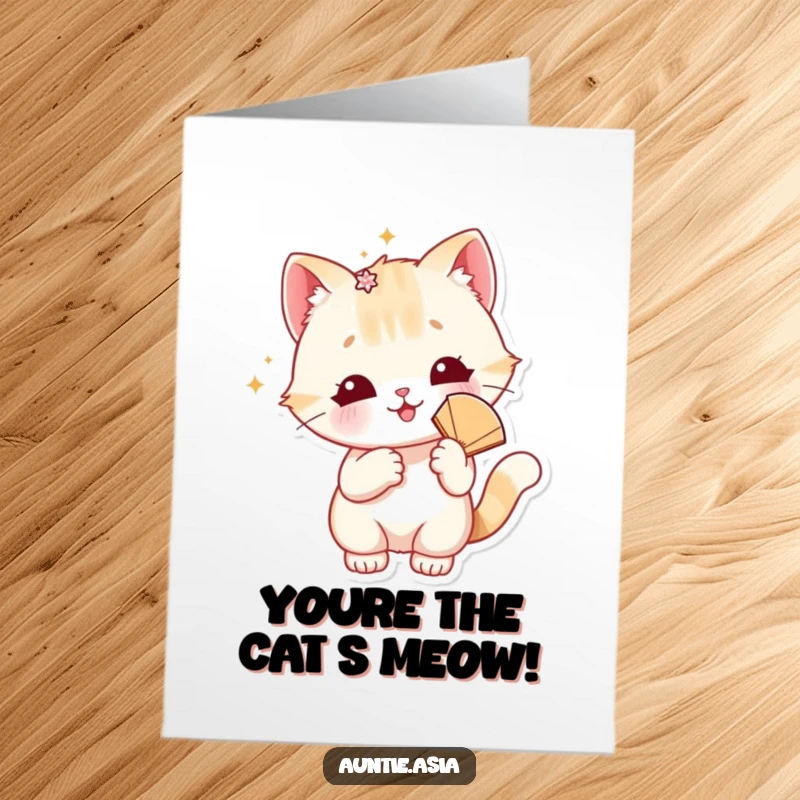 Funny Free Printable Thank You Card: A playful cat with a sparkly accessory and fan offers stylish and humorous thanks, a downloadable.