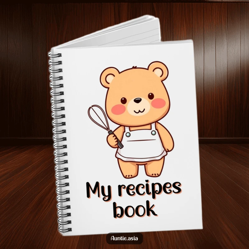 Funny friendly bear in a small apron, holding a whisk with a smile, a humorous and inspiring notebook.