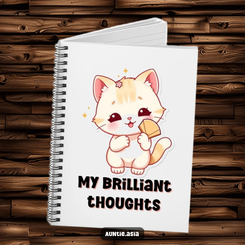 Funny cat notebook featuring a playful cat with a sparkly hair accessory and fan, ideal for note-taking with flair.