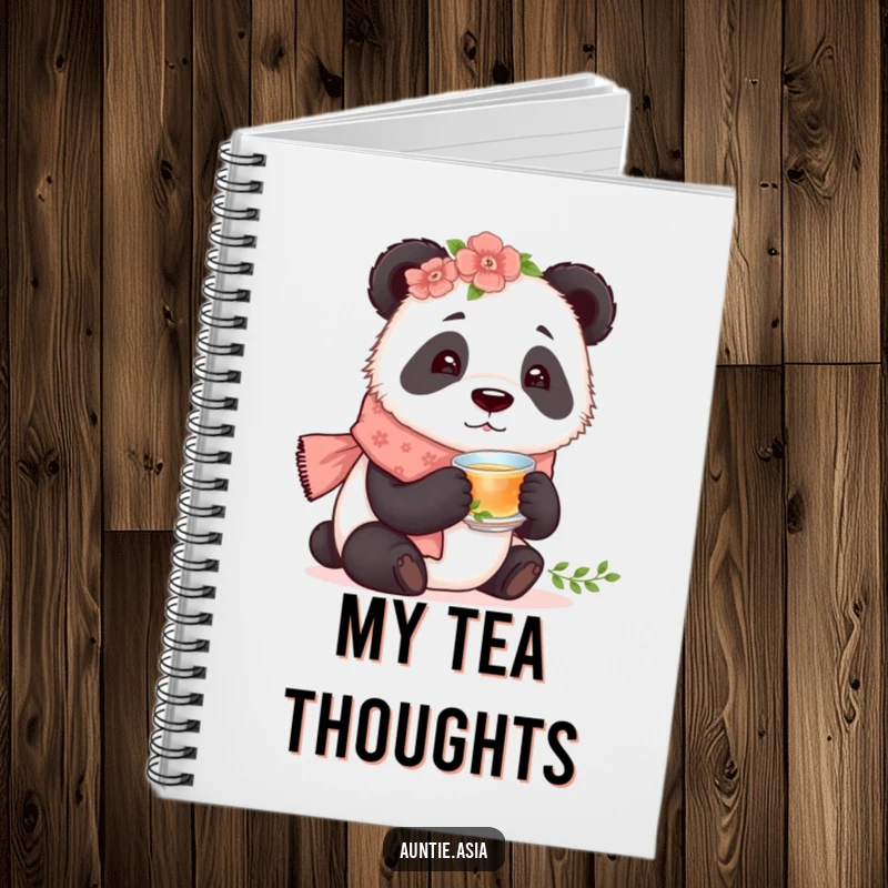 Funny curious panda wearing a floral scarf, tasting tea from a tiny cup, a humorous and inspiring notebook.