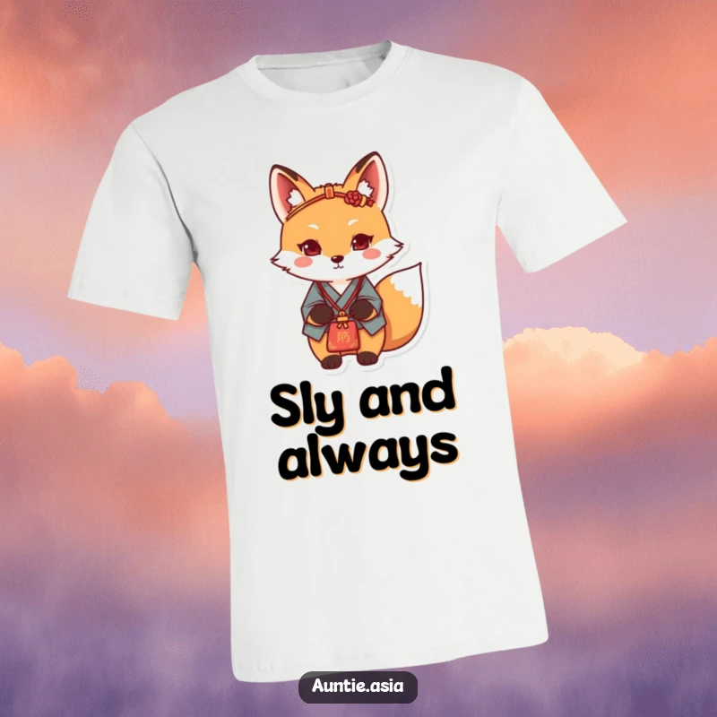 Funny fox t-shirt depicting a determined fox with traditional hairpin and bag, exuding confidence and wit.
