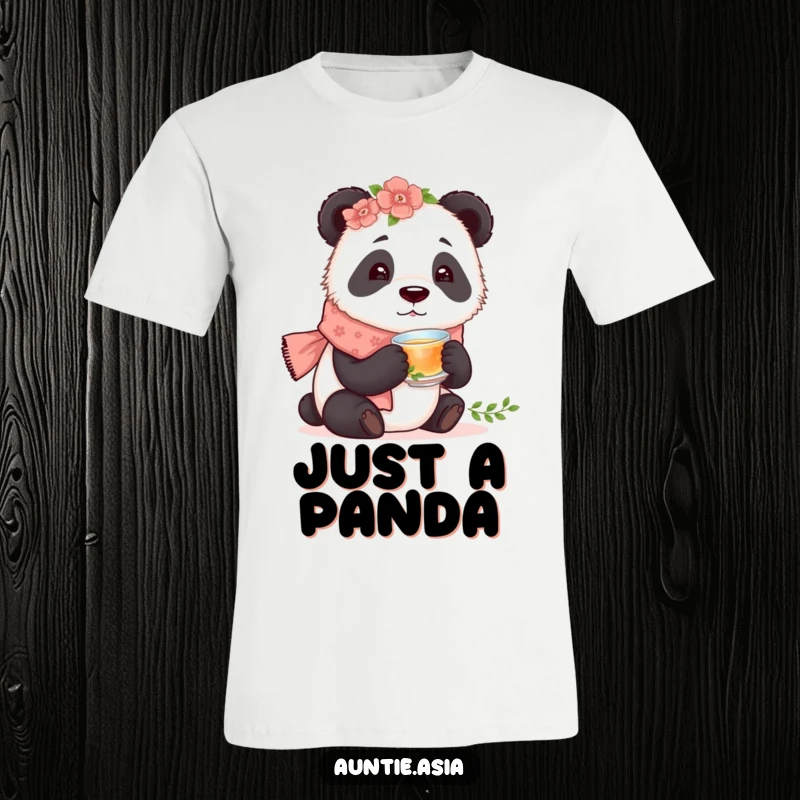 Funny panda in a floral scarf, tasting tea from a tiny cup, a humorous and stylish t-shirt.