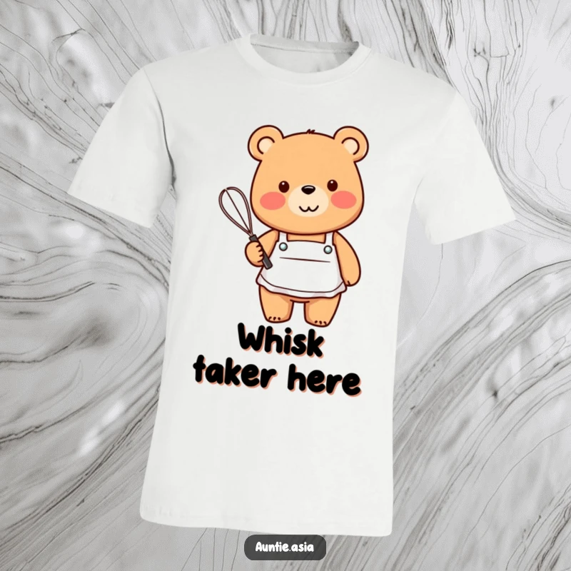 Funny bear in a small apron, holding a whisk and smiling, a humorous t-shirt for bakers.
