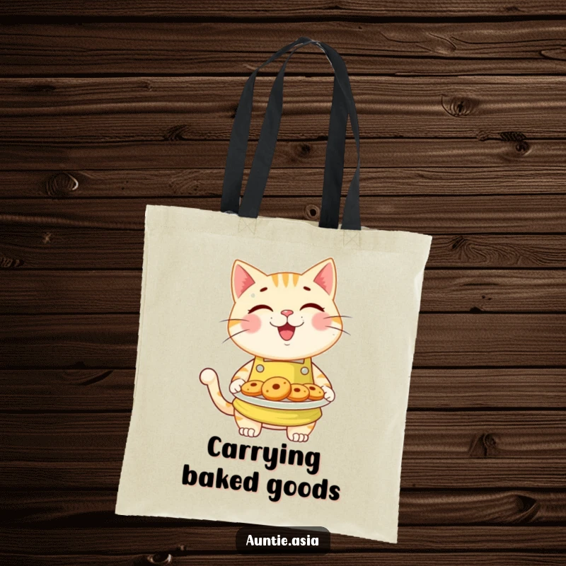 Funny cheerful cat in a baking apron, presenting a tempting plate of cookies, a practical and humorous tote bag.