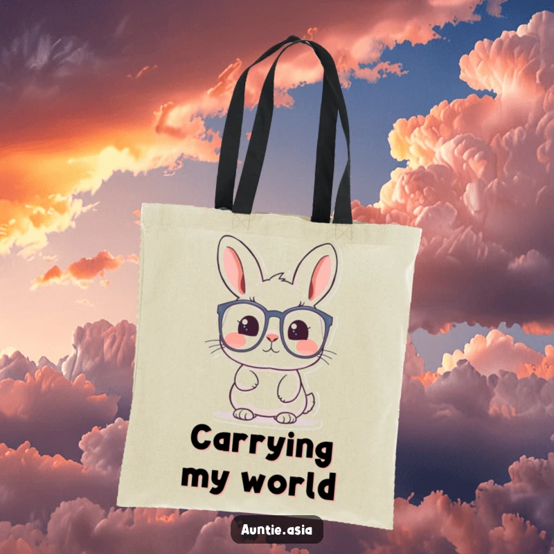 Funny rabbit tote bag with a curious rabbit looking through large glasses, designed for carrying treasures and ideas.